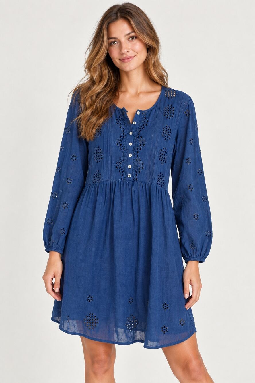 Sundance Blue Eyelet Embroidered Cotton Midi Dress M Boho Peasant Cottagecore